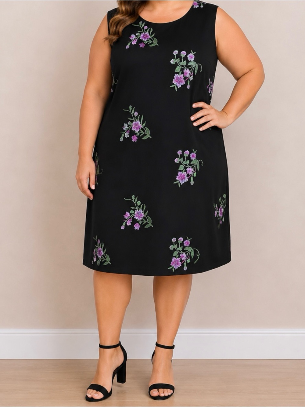 Floral Dress Embroidered Black & Purple